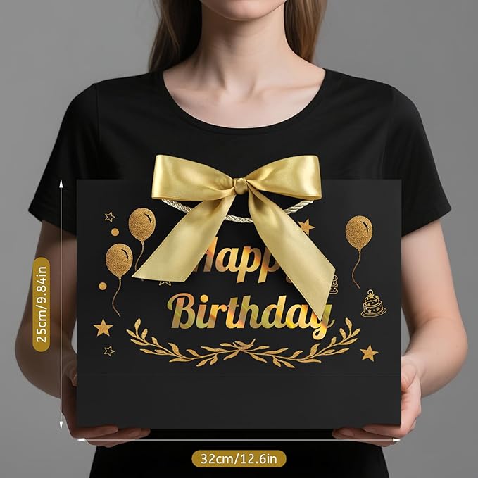 JMANNI Black Gold Happy Birthday Gift Bag with Card and Tissue Paper, 12.6"×9.84"×3.9" Elegant Present Bag for Men Women, Year Old Birthday Keepsake Party Supplies
