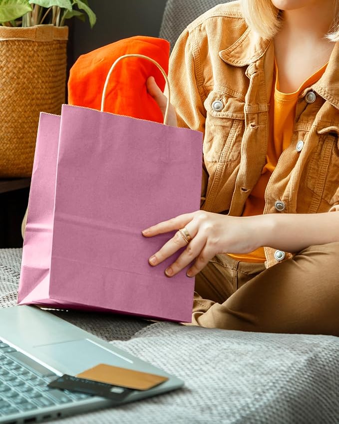 qiqee Purplish-pink Gift Bag with Handles Bulk 24Pcs Paper Bags -10.6"x8.3"x4.3"Party Favor Bags - Solid Color