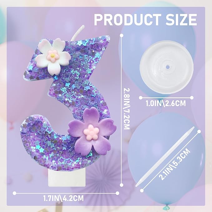 Purple Flower Birthday Candle,Number Birthday Candles for Cake, Ideal Birthday Parties Cake Decor, Wedding Anniversary and Other Celebrations (Number 3, Purple)