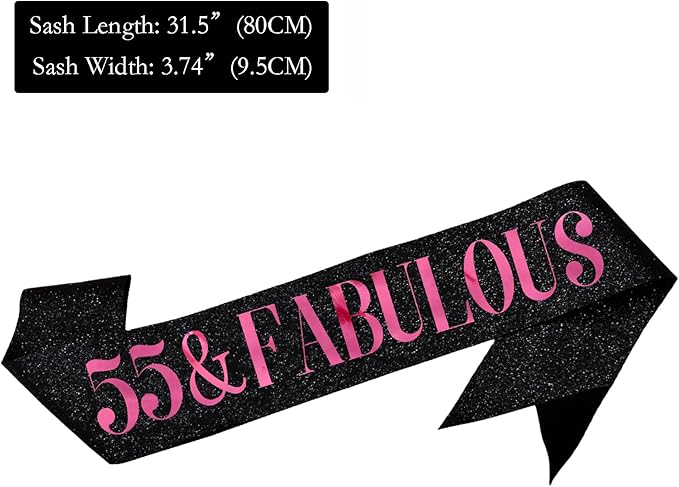 55 & Fabulous Sash, Funny 55th Birthday Sash for Women 55th Bday Party Photo Prop Favors Suppiles, Pink Foil Letter, Glitter Black