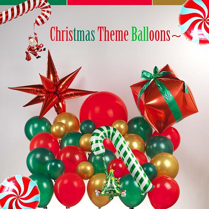 Christmas party decorations with Hunter Green Red Gold Balloon Garland Arch & Xmas Tree Santa Candy Cane Star lollipop gift box ribbons foil Balloons for friendsmas New Year's Eve Decorations