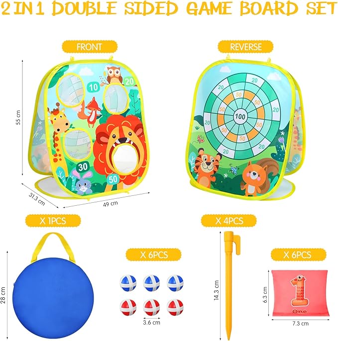 Yunsailing 63 Pcs Carnival Outdoor Games Set for Kids Include Animal Bean Bag Toss Plastic Cones Ring Toss Egg and Spoon Race, Field Yard Lawn Outdoor Game, Gift for Birthday Party