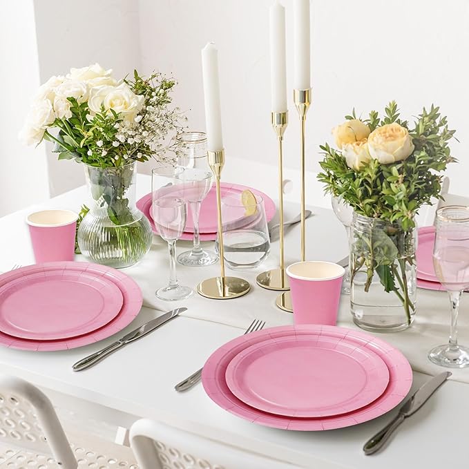 Whaline 100Pcs Light Pink Party Supplies for 25 Guests Disposable Tableware Set Paper Plates Napkins and Cups for Wedding Bridal Baby Shower Birthday Gender Reveal Mothers Day Decor