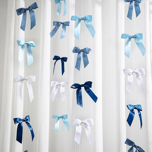 Taobary 8 Pcs 6.6 ft Bow Garland, Satin Ribbon Bow Banner Coquette Hanging Ornament for Photo Backdrop Birthday Party Wedding Bridal Baby Shower Wall Decorations(Blue,1 Inch)