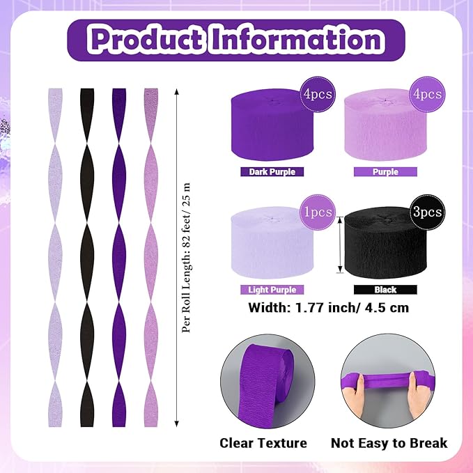 Epakh 12 Rolls Purple/Black Crepe Paper Streamers (984ft) - Pixel Birthday Party Decorations, Video Game Birthday Supplies, Pixel Theme Purple Party Decor Halloween