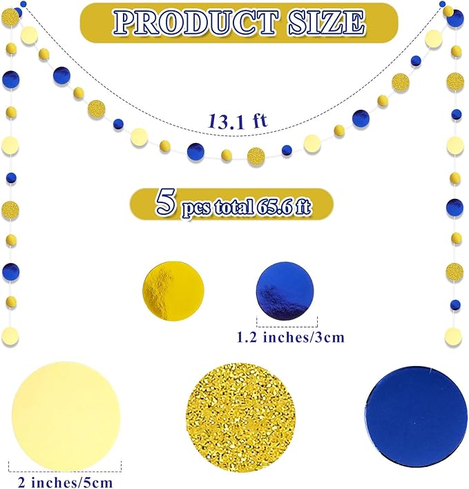 Outus 5 Pieces Blue,Gold Round Dots Garland Graduation Party Hanging Decor Each Length 13.1ft Glitter Paper Dot Streamers for Birthday Wedding Classroom Supplies
