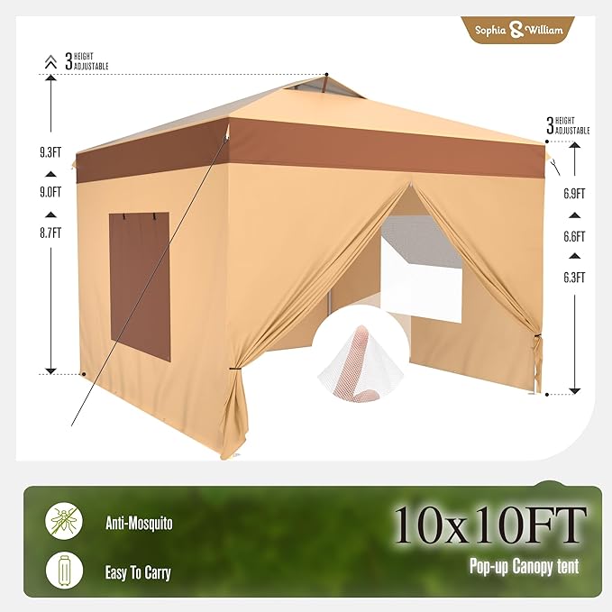Sophia & William Canopy Tent Pop Up 10x10 ft One Person Push Set Up Canopies with 4 Sidewalls, Outdoor Shelter Heavy Duty Straight Legs with 4 Sandbags & 1 Roller Bag, 8 Stakes & 4 Guy Ropes, UPF50+