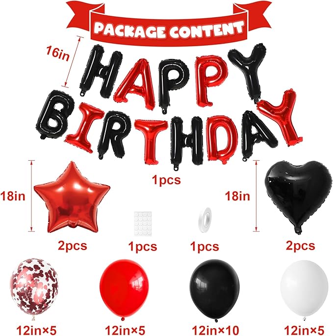 Red and Black Birthday Decorations for Boys,Black Red Star Heart Foil Balloons Black Red Happy Birthday Banner Happy Birthday Decorations for Men Women