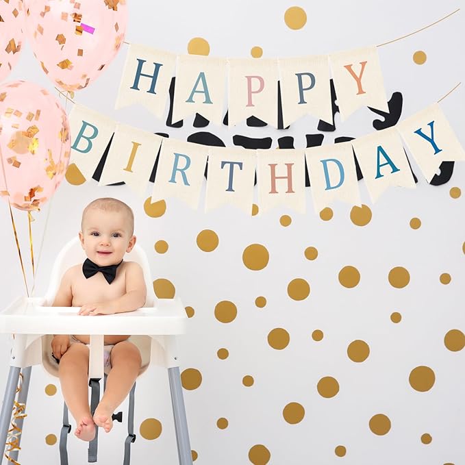 Doumeny Happy Birthday Burlap Banner Boho Birthday Bunting Garland Blue Pink Bohemian Party Sign Flag Colorful Happy Birthday Bunting Banner Rustic Birthdays Garland Flag for Wall Home Porch Door