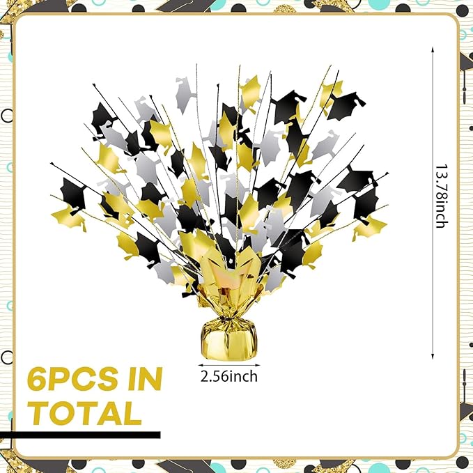 Juexica 6 Pcs 2026 Metallic Burst Table Centerpiece Mini Grad Caps Foil Spray Black Gold Silver Graduation Party Glitter Tableware Decorations for High School College Congrats Dinner Decor 14"