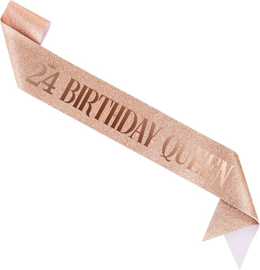 24 Birthday Queen 24th Birthday Sash for Women, Rose Gold Glitter Sash with Foil