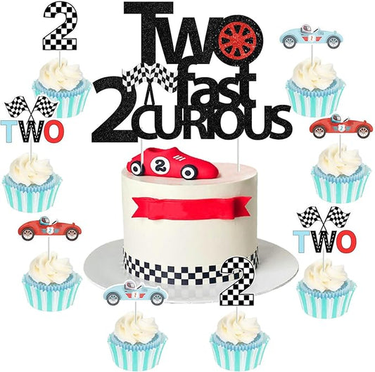 Sursurprise Two Fast Two Curious Birthday Decorations, 25Pcs Vintage Race Car Cake Topper Cupcake Toppers for Boy 2nd Birthday Let’s Go Racing Party Supplies