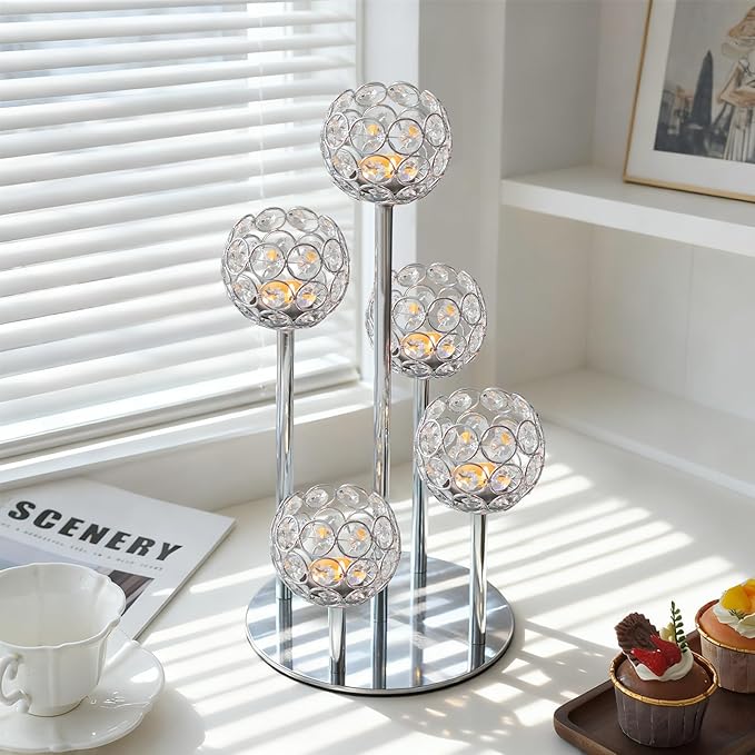 5-Arm Crystal Tealight Candelabra Centerpiece, 14.8 Inch Metal Candle Holder for Table Decor, Wedding, Christmas, Party, Anniversary & Home Decoration (2, Silver, S-14.8 in)