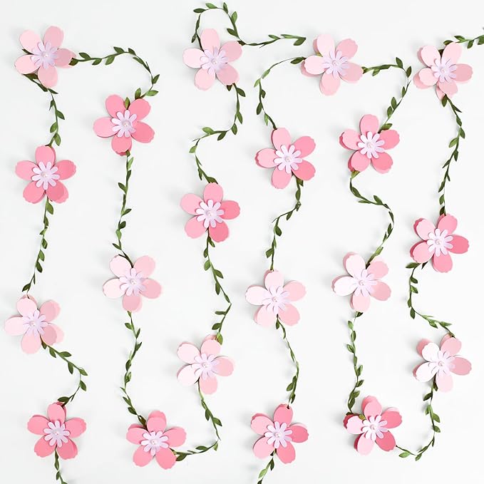 2PCS Cherry Blossom Flower Garland, Paper Cherry Flower Vines, Pink Flowers Garland for Home Wedding Garden Party Arch Office Decor