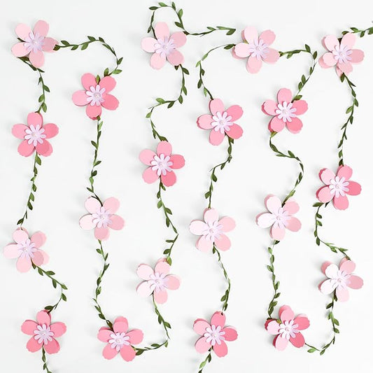 2PCS Cherry Blossom Flower Garland, Paper Cherry Flower Vines, Pink Flowers Garland for Home Wedding Garden Party Arch Office Decor