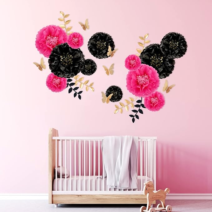 Fonder Mols Tissue Paper Chrysanth Flowers with Butterfly and Olive Leaves for Wedding Baby Shower Nursery Room Parties & Events Decorations Pom Poms (Black, Hot Pink)