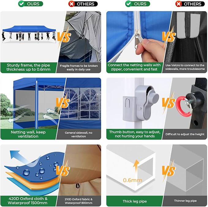 COBIZI 10x30 Heavy Duty Pop Up Canopy with 8 Mosquito Netting Wall, Easy Set Up Commercial Gazebo Party Tent, Outdoor Instant Screen Canopy for Backyard, Patio, Garden, Blue