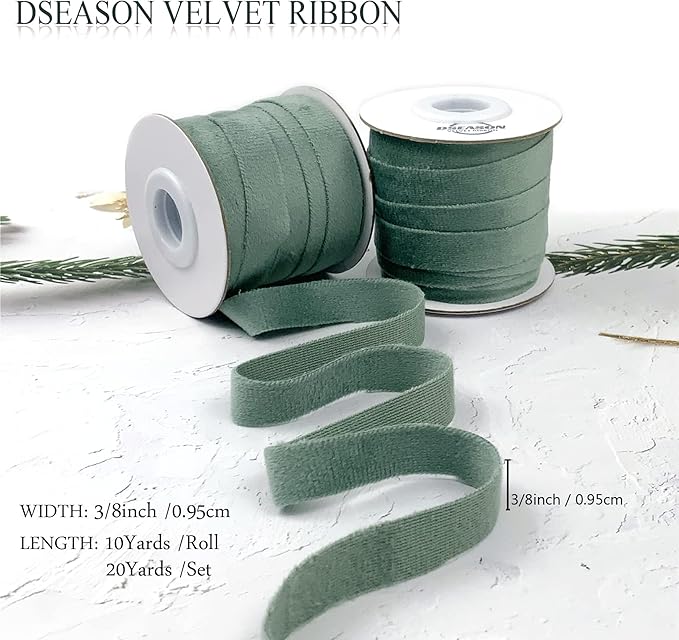 Velvet Ribbon Set 3/8" x 10 Yards, 2 Rolls 20 Yards, Dseason Handmade Dusty Green Velvet Ribbon Set for Gift Wrapping & Bow Making, Christmas Tree, Wreath Decoration, DIY Crafts Decoration