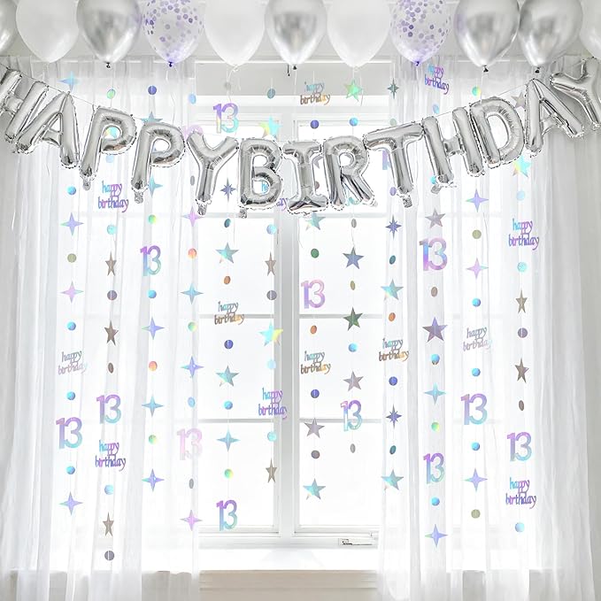 GCQQ 13th Birthday Hanging Decorations - 4 Packs Iridescent Happy 13th Birthday Banner 13 Year Old Circle Dot Twinkle Star Garland 46FT Thirteen Metallic Streamer Backdrop for Girl Boy Birth Day Party