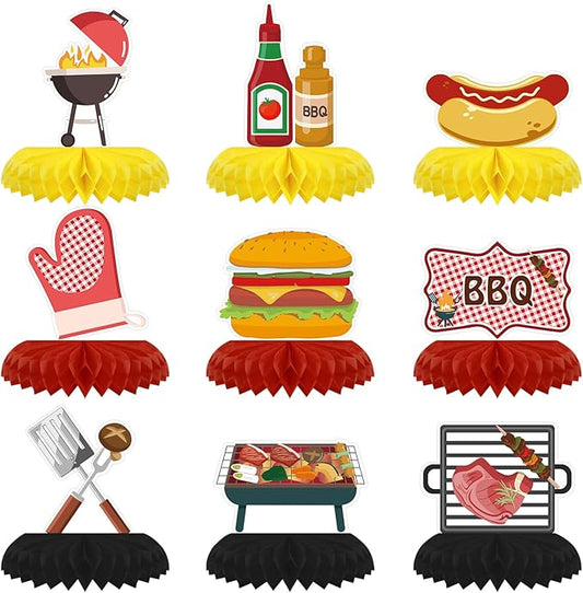 9PCS BBQ Party Decorations BBQ Baby Shower Table Centerpieces Picnic Decorations Honeycomb Table Toppers for Baby Q Baby Shower Decorations Summer Birthday Party