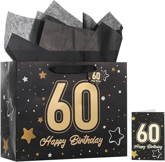 Powbrace 13" Black 60th Birthday Gift Bag with Tissue Paper and Greeting Card for Party,Happy Birthday Gift Bag for Men Women,Gift Bags Medium size(1 Black 60th)