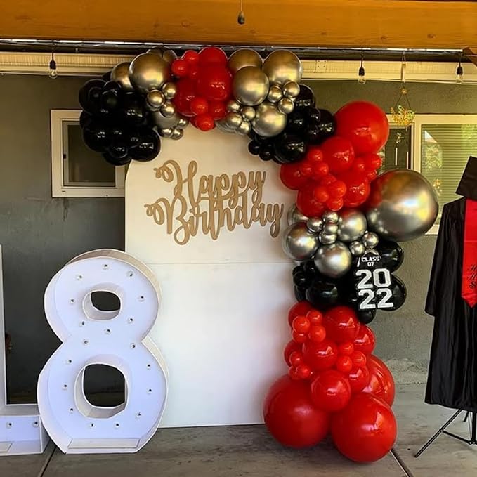 Red and Black Balloons Arch Kit, Red Black and Silver Balloons for Anniversary Birthday Racing Car Poker Party Decoration