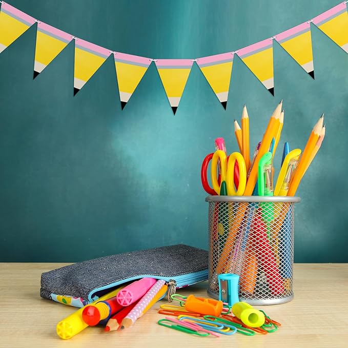 5 Pcs Pencil Shaped Paper Pennant Banners Back to School Classroom Decorations Triangle Flags with Double Sided Printing for First Day of School Classroom Ambience Celebration Decor