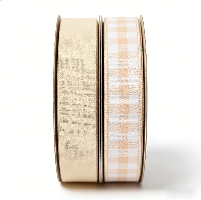 Meseey 1.5 Inch Natural Tan & Beige Buffalo Plaid Burlap Wired Ribbon, 5 Yards, Gingham Check Ribbon for Christmas Wreath, Gift Wrapping, Wedding, Home Decor