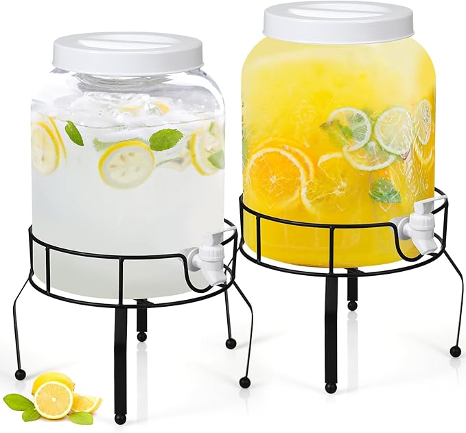 Tanlade 2 Pack 2 Gallon Plastic Drink Dispenser with Stand Beverage Dispenser with Sturdy Metal Base Juice Dispensers Drink Jar with Spigot for Weddings Parties Lemonade Tea Countertop
