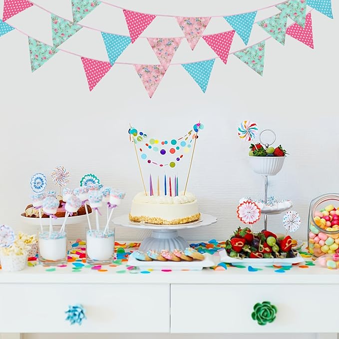 Zwiebeco 32Ft Pink Blue Circle Dots Floral Fabric Bunting Triangle Flags Cotton Flowers Pennant Banner Decorations for Birthday Wedding Engagement Tea Party Spring Rustic Village Home Garden Décor