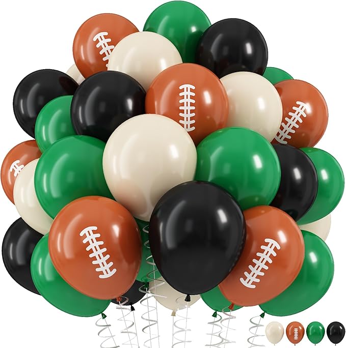 HILAVO Football Balloons, 12 Inch Dark Green Black White Sand with Brown Printed Sports Latex Balloon for Kids Boys Game Football Sport Themed Birthday Party Decor Baby Shower Decorations Supplies