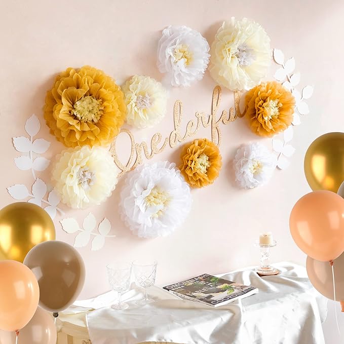 Fonder Mols Tissue Paper Chrysanth Flowers with Butterfly and Olive Leaves for Wedding Baby Shower Nursery Room Parties & Events Decorations Pom Poms (White Ivory Khaki)
