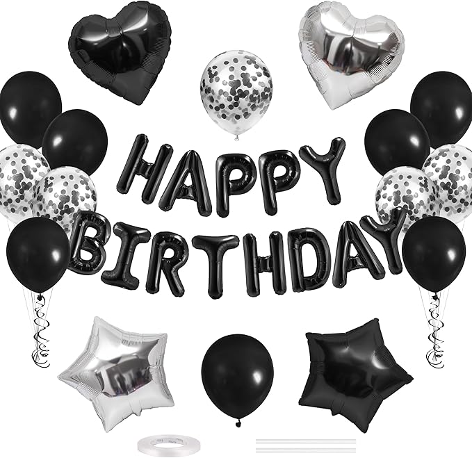 CANREVEL Happy Birthday Balloons Banner 16 Inch Mylar Foil Letters with Star & Heart Balloons Birthday Party Decorations for Men and Women - 30 Pcs Black