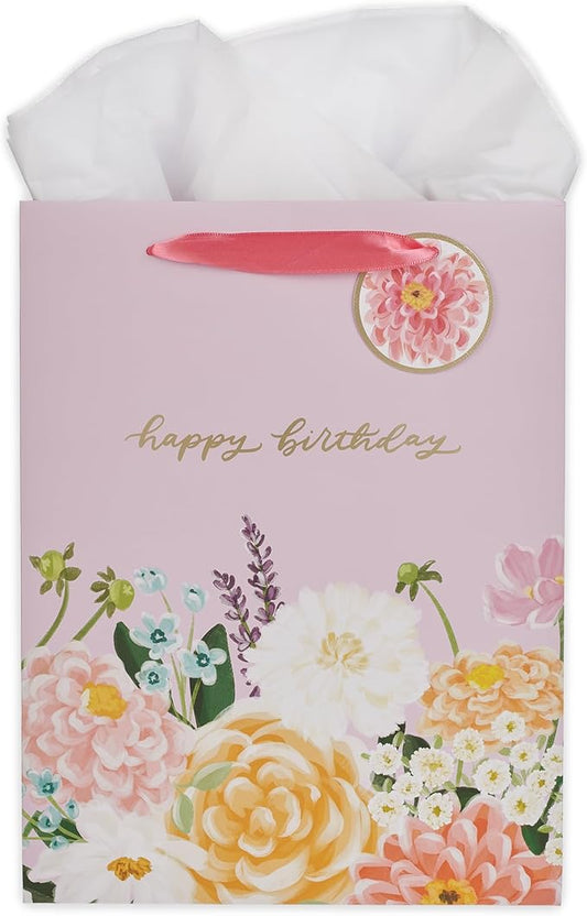 Christian Art Gifts Large Portrait Inspirational Gift Bag, Tag & Wrapping Tissue Paper Set for Women: Happy Birthday Golden Greeting Message, Easy Carry Satin Ribbon Handles, Pink Multicolor Floral