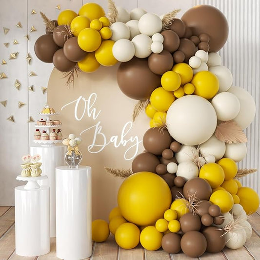 MEBAY Yellow Brown White Balloon Garland Arch Kit, 155Pcs Latex Balloons Different Size 18 12 10 5 inch for Birthday Wedding Party Baby Shower Bridal Shower Decoration