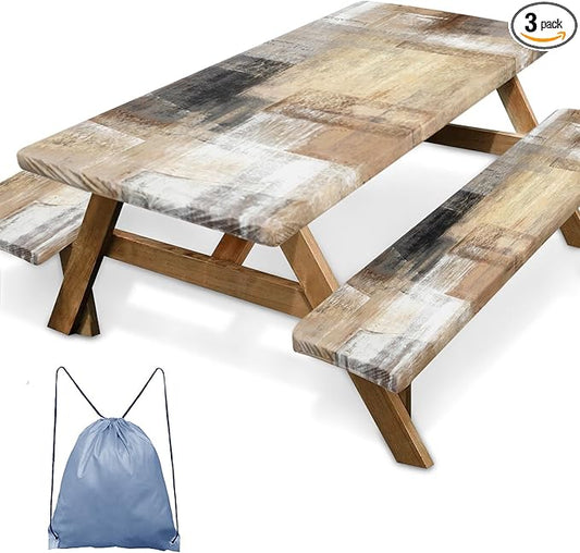 Brown Beige Painting Picnic Table Cover with Bench Covers, Grey Office Contemporary Abstract Outdoor Camping Essentials 6FT 3PCS Fitted Rectangle RV Must Haves Tablecloth with Drawstring Bag