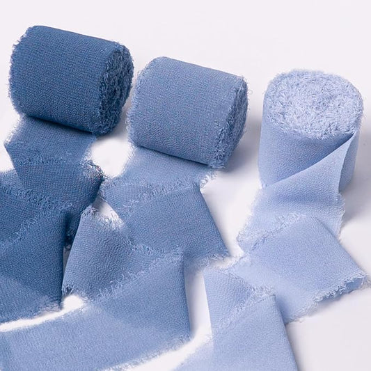 Chiffon Ribbon, Dusty Haze Pastel Blue 1.5''x21Yd Frayed Fringe Silk Ribbons for Gift Wrapping, Handmade Decor, Floral Vase, Mother's Day, Wedding, Graduation, Birthday, Engagement, 3 Rolls