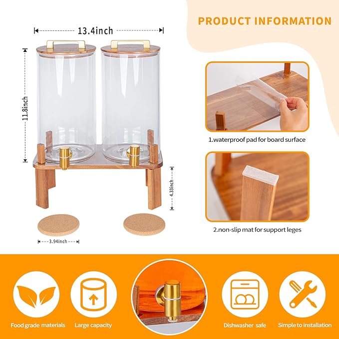 2 PACK 1.5 Gallon Glass Beverage Dispenser with Wooden Lid, Drink Dispenser with Wooden Stand, Lemonade Dispenser with Stainless Steel Leak-Proof Spigot for Parties, Weddings