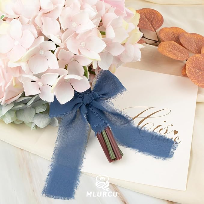 Slate Blue Chiffon Ribbon - 1-1/2 Inch x 21 Yards, Handmade Fringe, Silk, Boho Frayed, Dark Blue, Gift Wrapping, Wedding Invitation, Bridal Flower Bouquets