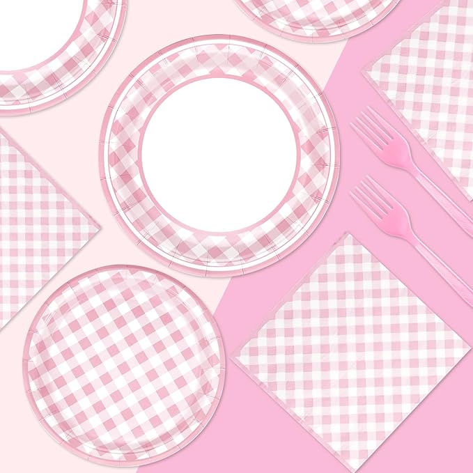 96 Pcs Pink Gingham Party Supplies 350 GSM Disposable Pink and White Buffalo Checked Paper Plates and Napkins Tableware Set for BBQ Picnic Baby Shower Birthday Party Decorations Serves 24