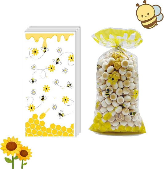 EatnMgan 200Pcs Bee Cellophane Treat Bags,Cellophane Bags,Party Favors Bags Cellophane Treat,Goodie Candy with 220Pcs Twist Ties for Kid Birthday Baby Shower Party Supplies
