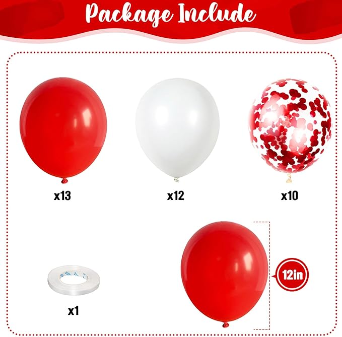 Red White Balloons Set, 35 Pack 12 Inch Red White Confetti Latex Party Helium Balloon for Girls Women Birthday Party Wedding Valentine's Day Graduation Galentines Christmas Party Decoration