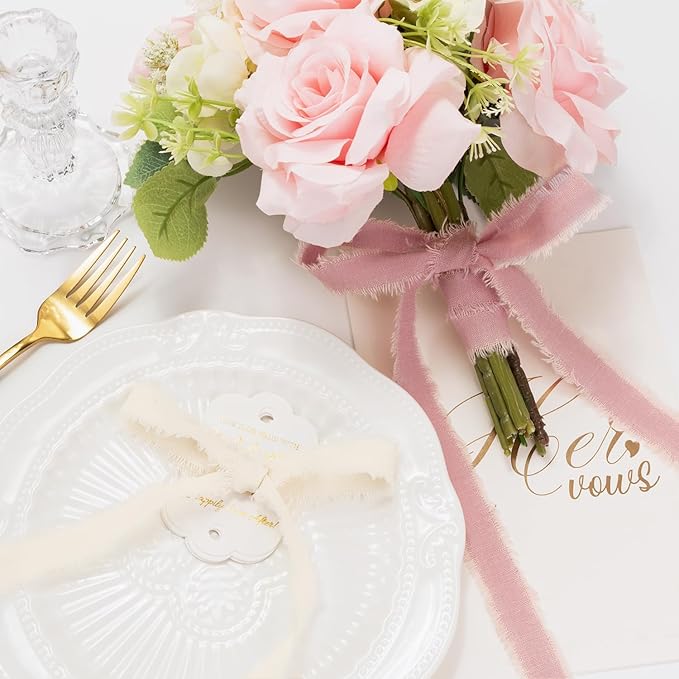 Pink & Ivory Cotton Ribbon 5/8 Inch Dusty Pink, Soft Pink & Cream 3 Rolls 21 Yards Frayed Edge Fabric Set for Rustic Wedding Decor, Engagement Party, Bridal Bouquet Wrap & Gift Wrapping