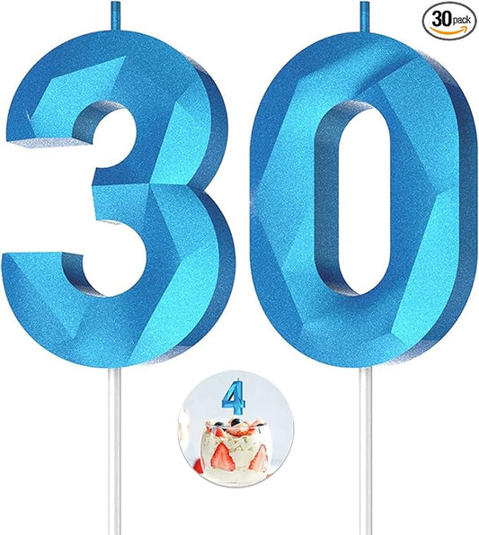 Number Birthday Candles(30 Candle Blue) 3D Diamond Shape Number Happy Birthday Cake Candles for Birthday Party Wedding Decoration Reunions Theme Party