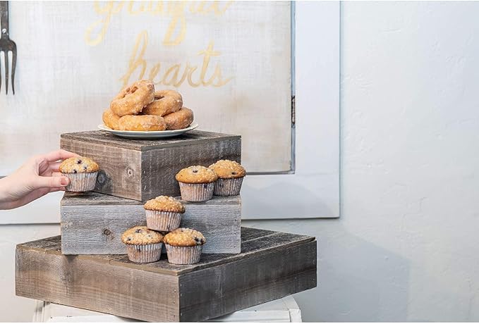 BARNWOODUSA Wood Cake Stand Set of 3 Natural Weathered Gray Rustic Wooden Wedding Dessert Stand Vintage Sturdy 100% Reclaimed Wood