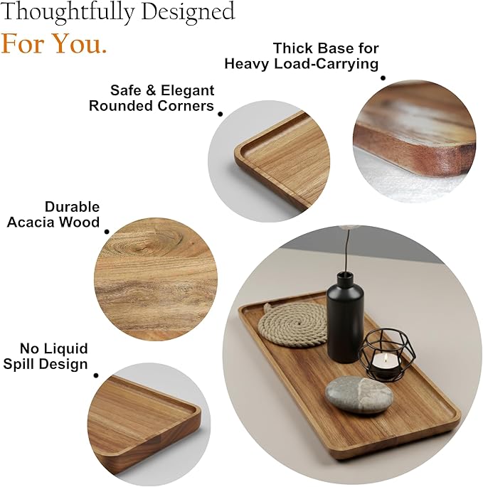 Acacia Rectangle Wooden Tray - 2 Sizes 16" X 12" and 10" X 6" - Food Safe Serving Tray - Large & Small Wooden Trays Combination - Durable Wood Display Tray for Coffee Party or Home Decor