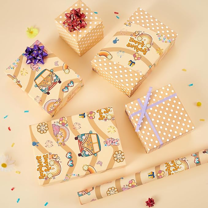 WERNNSAI Retro Hippie Wrapping Paper - 1 Roll 17” x 33 ft Boho Rainbow Daisy Wrapping Paper Groovy Brown Gift Packing Favor for Kids Birthday Vintage Theme Party Supplies Reversible Polka Dot Design