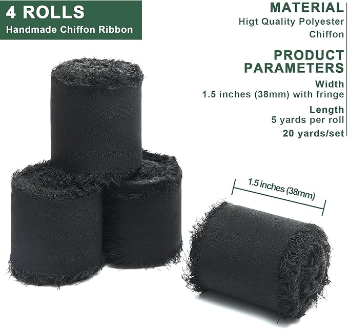 4 Rolls Black Handmade Fringe Chiffon Silk Ribbon 1.5" W x 5Yd Per Roll,Frayed Edges Ribbon Set for Gifts Wrapping,Wedding Invitations,Bouquets,DIY Crafts (1.5" x20Yd, Black)