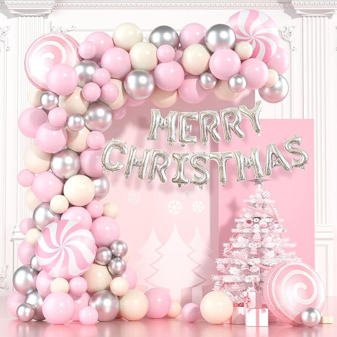 Christmas Balloon Garland Arch Kit 115pcs Pink Silver White Balloon Garland with Candy Windmill Merry Christmas Balloons for Xmas Party Decorations