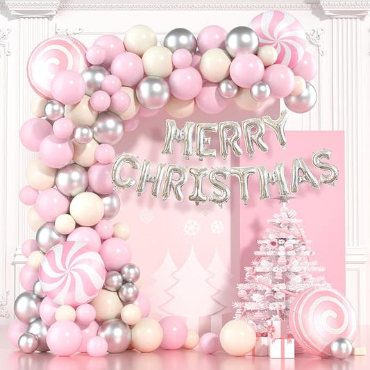 Christmas Balloon Garland Arch Kit 115pcs Pink Silver White Balloon Garland with Candy Windmill Merry Christmas Balloons for Xmas Party Decorations